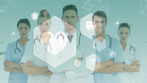 Standing-with-arms-crossed,-medical-professionals-with-healthcare-icons-animation