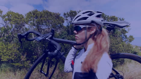 Carrying-bicycle,-woman-wearing-helmet-and-sunglasses-with-data-analysis-animation