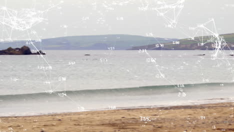 Network-of-connections-and-data-points-animation-over-beach-and-ocean-scene