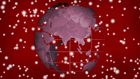 Rotating-globe-with-grid-lines-and-snowflakes-animation-on-red-background