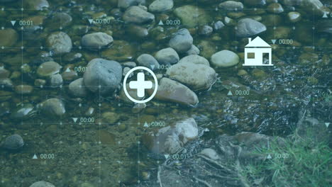 Medical-cross-and-house-icons-animation-over-stream-with-rocks-and-grass