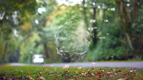 Network-of-connections-and-data-points-animation-over-forest-road-with-vehicle