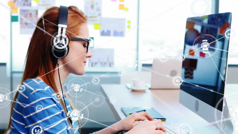 Wearing-headphones-and-working-on-computer,-woman-with-network-connections-animation