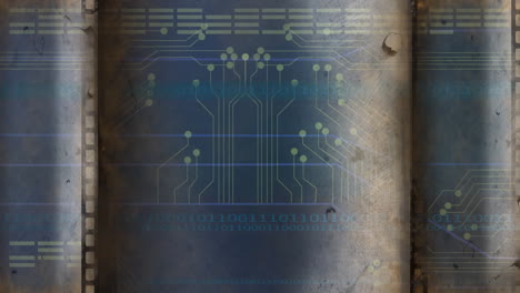 Circuit-board-and-binary-code-animation-over-rusty-metal-surface