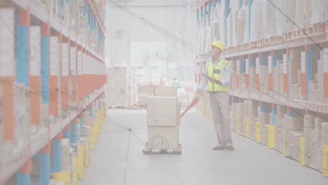 Warehouse-worker-pulling-cart-with-boxes,-network-connections-animation-over-scene