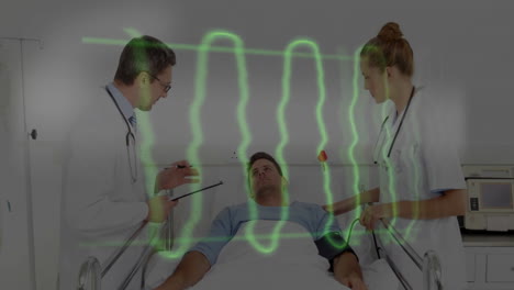 Doctors-examining-patient-in-hospital-bed-with-green-wave-animation-over-them