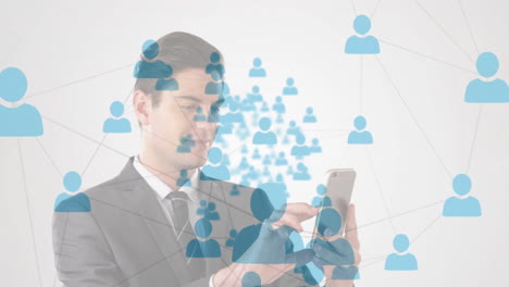 Using-smartphone,-businessman-surrounded-by-blue-network-connections-animation