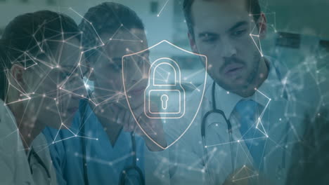 Discussing-medical-data,-doctors-with-cybersecurity-lock-animation-over-network-connections