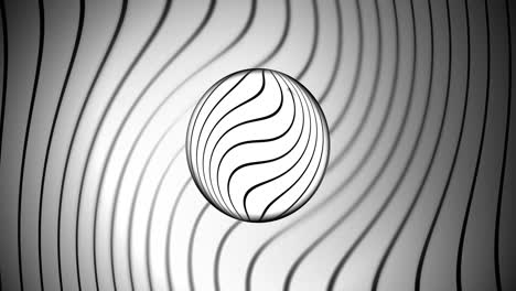 Animación-De-Líneas-Onduladas-Abstractas-En-Blanco-Y-Negro-Sobre-Una-Esfera-Con-Fondo-Rayado