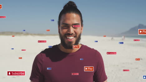 Animación-De-Botones-De-Redes-Sociales-Sobre-Un-Hombre-Sonriente-De-Pie-En-La-Playa