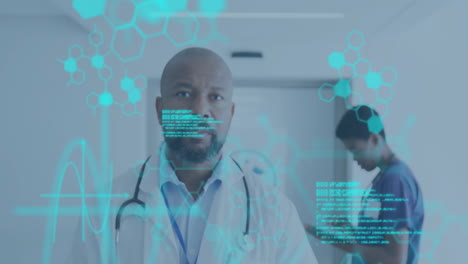 Animating-medical-data-and-hexagonal-shapes-over-healthcare-professionals-in-hospital