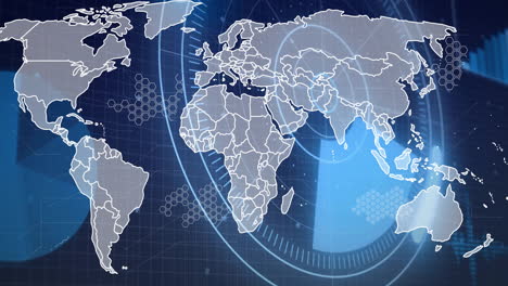 Mapa-Del-Mundo-Con-Animación-De-Procesamiento-De-Datos-Digitales-Sobre-Fondo-Azul