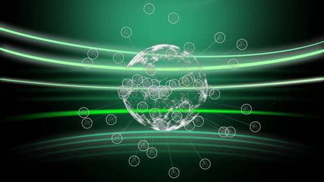 Globe-with-interconnected-nodes-and-green-lines,-global-network-animation