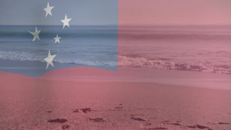 Animación-De-La-Bandera-De-Samoa-Sobre-Olas-De-Playa-Y-Huellas-En-La-Arena