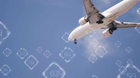 Airplane-flying-with-5G-and-6G-network-symbols-animation-over-blue-sky