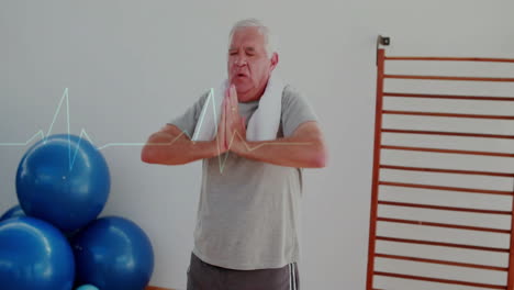 Elderly-man-exercising-with-heart-rate-animation-over-gym-equipment-background