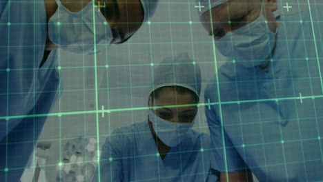 Medical-professionals-performing-surgery-over-grid-and-data-points-animation