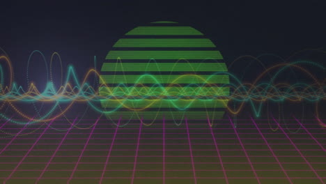 Colorful-waveforms-and-grid-animation-over-green-striped-sphere-on-dark-background