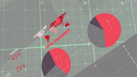 World-map-and-pie-chart-data-visualization-animation-over-grid-background