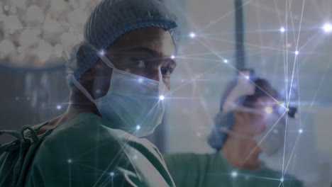 Wearing-mask-and-cap,-medical-professional-with-network-connections-animation-background