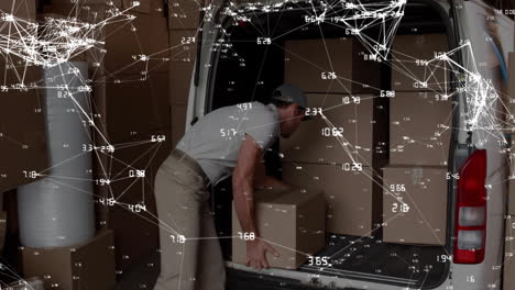 Loading-boxes-into-van,-man-surrounded-by-network-connections-animation