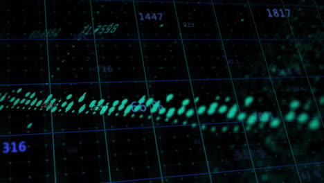 Animación-De-Puntos-De-Datos-Digitales-Y-Líneas-De-Cuadrícula-Sobre-Fondo-Oscuro-Con-Números