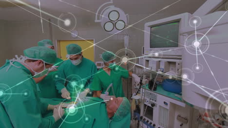 Realizando-Una-Cirugía,-Equipo-Médico-Con-Conexiones-De-Red-Animación-En-Sala-De-Operaciones