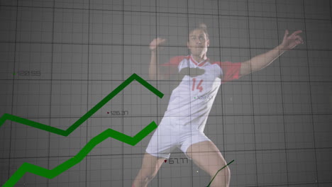 Graph-with-rising-green-lines-animation-over-soccer-player-in-action