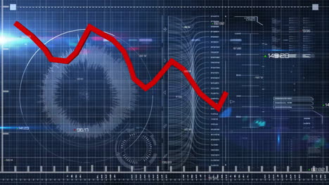 Fluctuating-red-line-graph-over-futuristic-data-analysis-animation