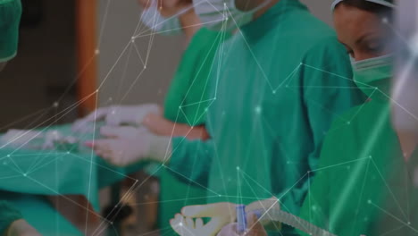 Performing-surgery,-medical-professionals-with-network-connections-animation-overlay