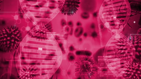 Animación-De-Cadenas-De-ADN-Y-Datos-Científicos-Sobre-Un-Fondo-De-Células-Microscópicas