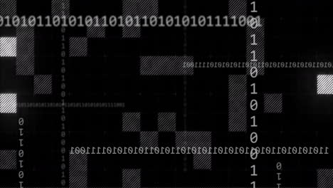 Animating-binary-code-and-pixelated-patterns-over-black-background