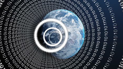 Earth-surrounded-by-binary-code-and-concentric-circles,-data-processing-animation