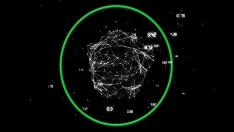 3D-Netzwerkkugel-Mit-Datenpunktanimation-Im-Grünen-Kreis-Auf-Schwarzem-Hintergrund