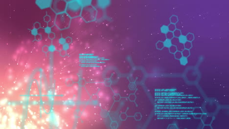 Animation-Hexagonaler-Molekülstrukturen-Und-Datenverarbeitung-Vor-Farbenfrohem-Abstraktem-Hintergrund