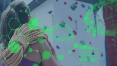 Preparing-rope,-climber-with-green-scientific-data-animation-over-climbing-wall