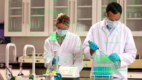 Scientists-conducting-experiments-in-lab-with-chemical-formulas-animation-over-them