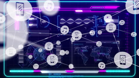 Musik--Und-Datensymbole,-Die-Durch-Linien-über-Einer-Futuristischen-Schnittstellenanimation-Verbunden-Sind