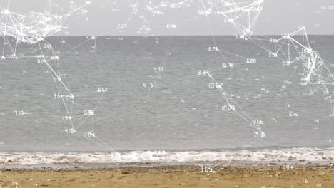 Network-of-connections-and-data-processing-animation-over-beach-and-ocean