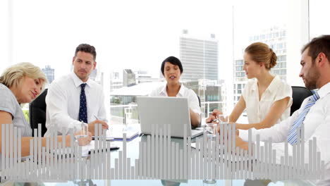 Business-meeting-with-bar-graph-animation-over-diverse-professionals-in-office