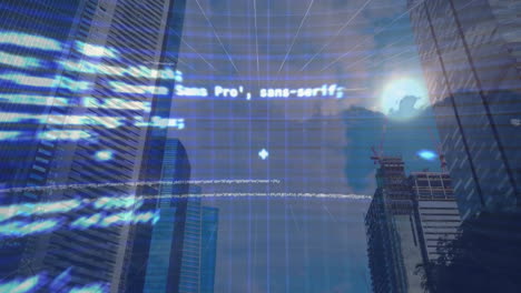 Processing-digital-data,-animation-over-cityscape-with-skyscrapers-and-construction-cranes