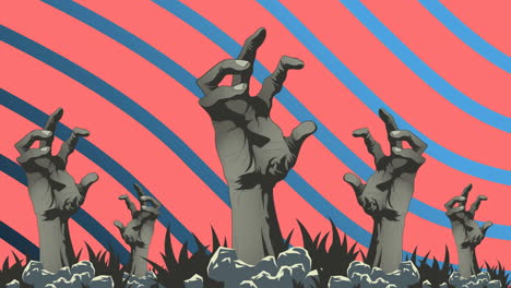 Zombie-hands-rising-from-ground-with-blue-lines-animation-on-pink-background