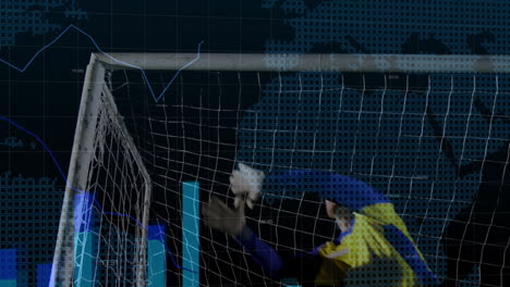 Bar-chart-and-world-map-animation-over-soccer-goal-net