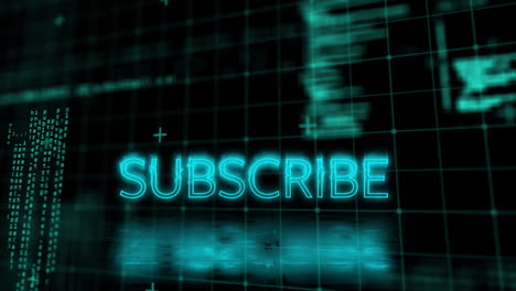 Subscribe-text-animation-over-digital-grid-with-glowing-blue-lines-and-shapes