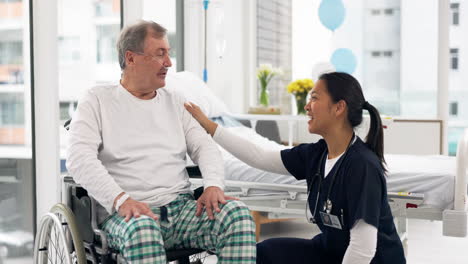 Senior-man,-wheelchair-support-and-nurse-talking
