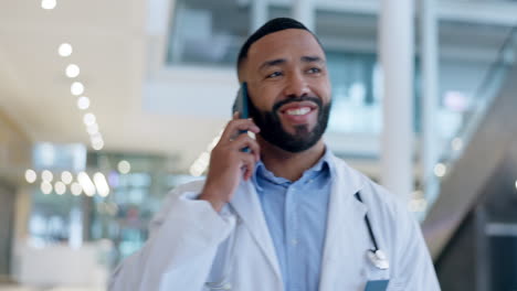 Phone-call,-happy-and-doctor-walking-in-a-hospital