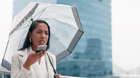 Rain,-anger-and-umbrella-with-woman-on-phone-call