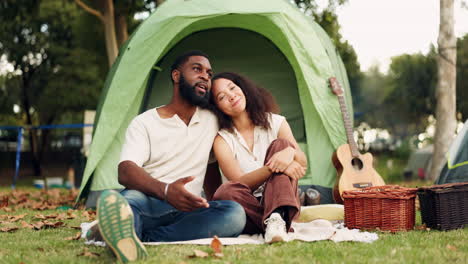 Camping,-tent-and-couple-relax-in-nature