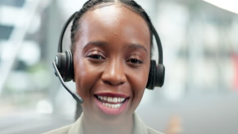 Call-center,-happy-and-black-woman-talking