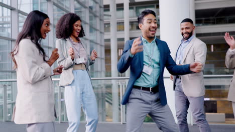 Business-people,-dancing-and-man-with-group